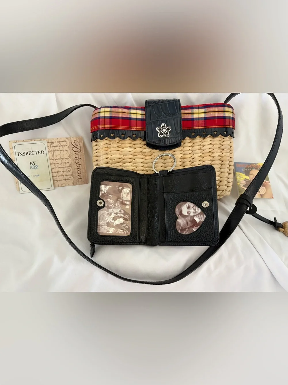 BRIGHTON LEATHER - PLAID - STRAW PURSE W/ MATCHING WALLET SET POPPY WOW! GREAT!